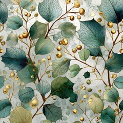 Elegant Botanical Pattern with Vivid Green Leaves and Golden Berries
