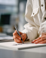 Hands practicing calligraphy pen strokes on white paper at bright desk, close-up
