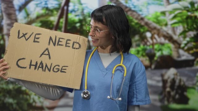 Woman doctor in blue scrubs with yellow stethoscope holding cardboard sign reading we need a change in green park; hope justice reform solidarity.