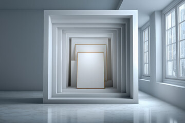 Blank white poster mockup in layered paper window niche with stacked frames
