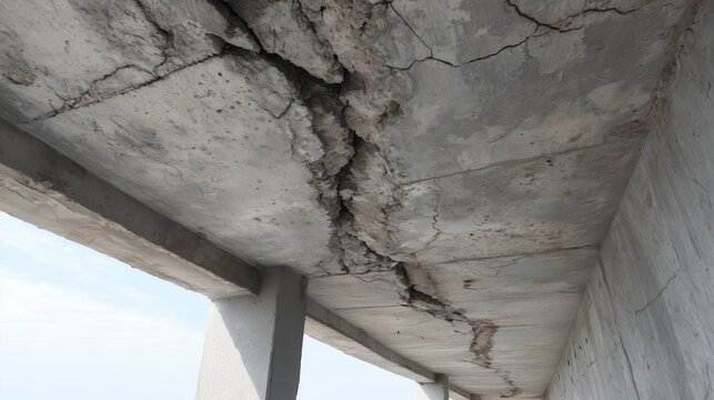 Cracked concrete ceiling with visible damage and spalling showing exposed aggregate and structural deterioration.