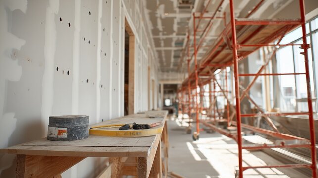 Detailed view of interior drywall installation in apartment, gypsum board, joint compound, screw fastener, corner bead, scaffold and workbench in progress.