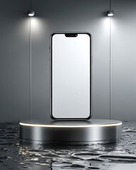 Blank screen smartphone standing on glossy chrome liquid pedestal in clean studio