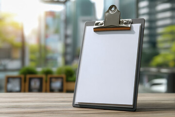 Close-up clipboard corner with shiny metal clip holding blank paper on bright desk
