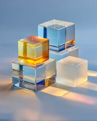 Clear and frosted acrylic blocks in balanced symmetry, minimalist geometric still life