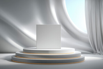 Modern tablet with empty white display on sleek chrome wave stand, minimal studio