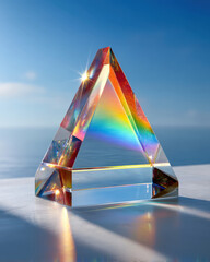Upright triangular glass prism with subtle spectral dispersion on bright clean surface