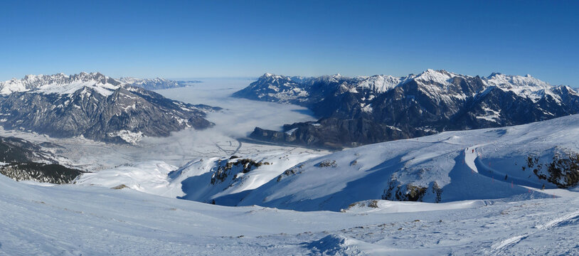 Panoramic view from the Pizol ski area towards Sargans, Switzerland.