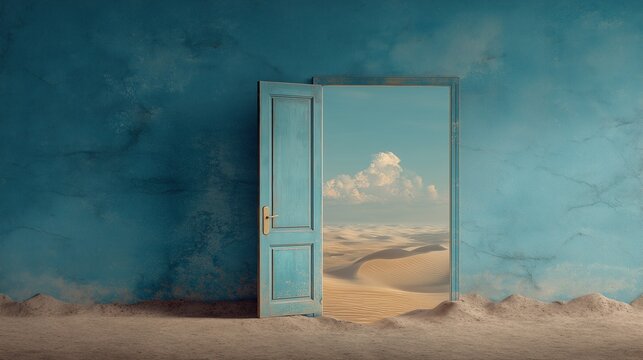 A solitary open door in a weathered wall revealing a desert landscape, symbolizing liminality life choice and transition between past and future.
