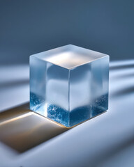 Centered frosted acrylic cube with crisp shadow on bright minimal studio background