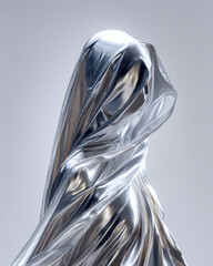 Vertical abstract chrome liquid sheet with sharp creases, minimal pale design background