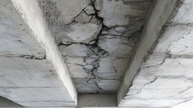 Cracked concrete ceiling with visible damage and spalling showing structural distress and water infiltration.