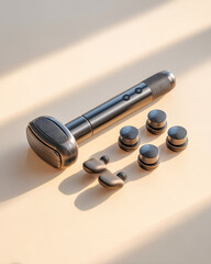 Percussion massage gun with multiple heads for muscle recovery on bright backdrop