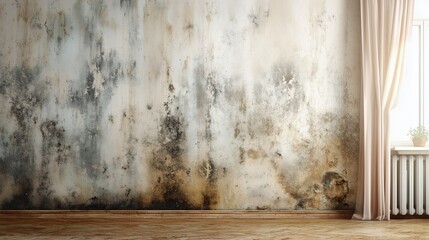 Peeling wallpaper and extensive black and brown mold growth on interior wall indicating hidden moisture damage and structural decay.