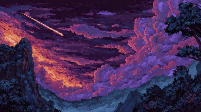 Pixel Art Landscape Featuring Starry Sky and Billowing Clouds with Violet Hues and Mountainside Under a Falling Star Ideal for Artistic Background