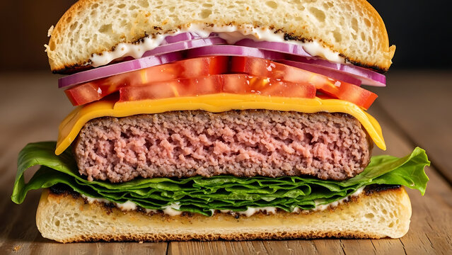 A close-up view of a beef burger with cheese, tomato, and lettuce on a wooden table showcasing a delicious meal.