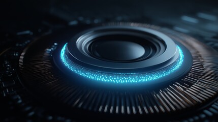 Blue luminous layers inside an AI processing core with intricate patterns