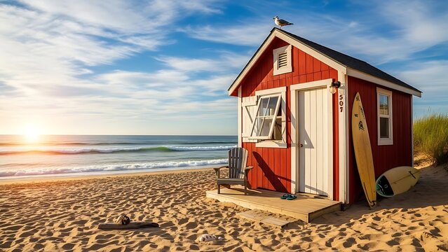 Coastal beach shack at sunset