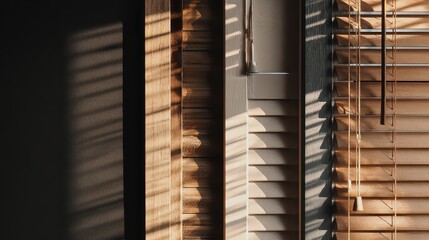 Sunlight Streaming Through Old Wooden Window Blinds Creates Geometric Patterns And Shadows On The Walls In A Warm Interior Space Offering A Sense Of Calm
