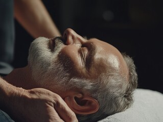 Naklejka premium Close-up of male's face with eyes closed and facial hair, being massaged by professional hands.