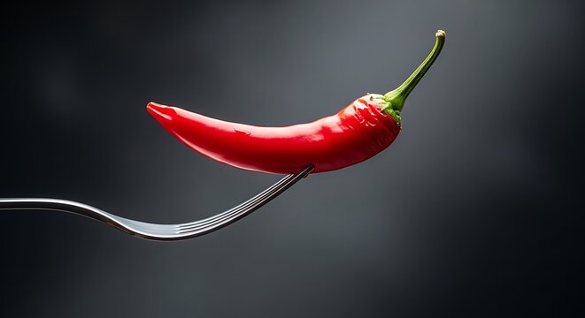 Fresh red chili pepper on a silver fork against dark background Food concept.