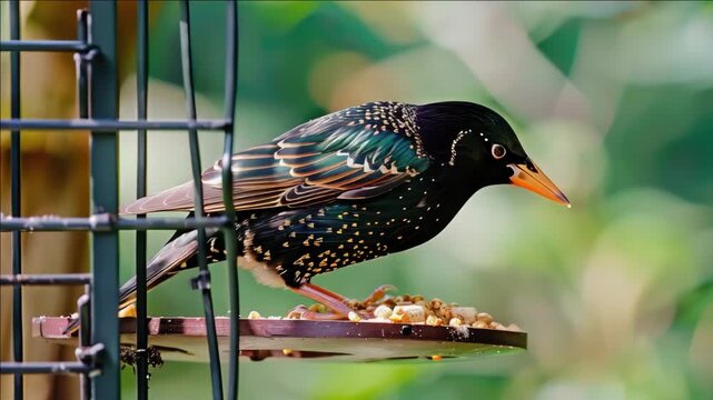 A black bird with spots perched on a metal feeder.
