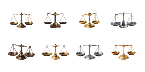 Collection of various antique and modern scales of justice balances depicted in different metallic finishes on transparent background