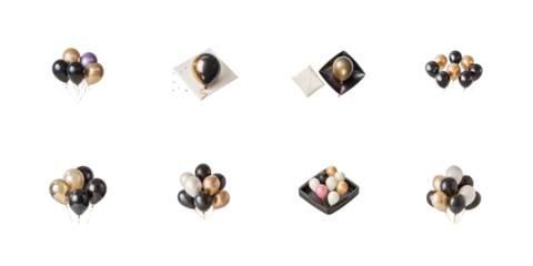 Assortment of elegant black gold and white metallic balloons presented in various arrangements on transparent background