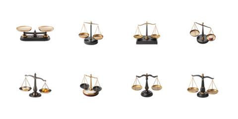 Collection of eight antique style balance scales representing justice measurement and comparison concepts on transparent background