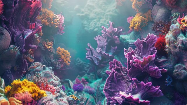 A surreal underwater scene with diverse coral and marine life.