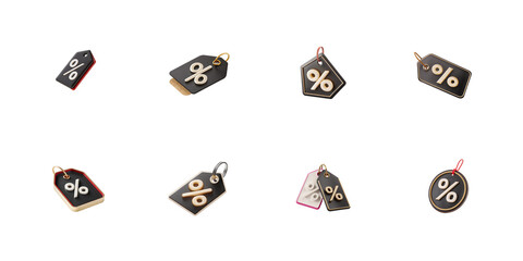 Collection of various three dimensional black and gold discount percentage sale tags floating in the air on transparent background