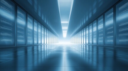 Server room with bright blue glow and reflective floor showing rows of servers