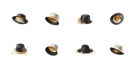 Collection of stylish fashion hats including fedoras and bucket styles floating and displayed in various orientations on transparent background