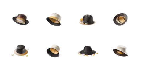 Collection of stylish fashion hats including fedoras and bucket styles floating and displayed in various orientations on transparent background