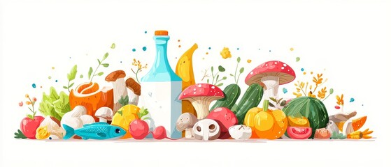 Obraz premium Organic food banner illustration healthy nutrition food background featuring vegetarian and plant-based concepts