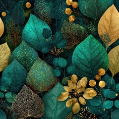 Vibrant Leaves and Gold Accents Pattern for Elegant Design Projects