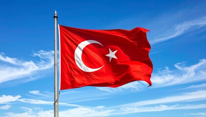 Turkish flag waving on a pole against blue sky with wispy clouds.