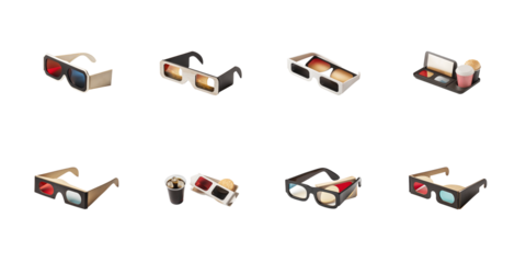 Collection of various cardboard anaglyph 3d glasses displayed alongside popular movie theater snacks on transparent background