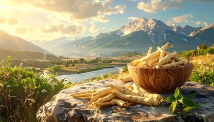 Parsley roots displayed outdoors, with stunning mountains and a serene river backdrop under a partly cloudy sky