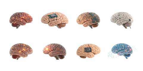 Depiction of evolving human brain concepts illustrating neurological activity integration with advanced microchip technology on transparent background