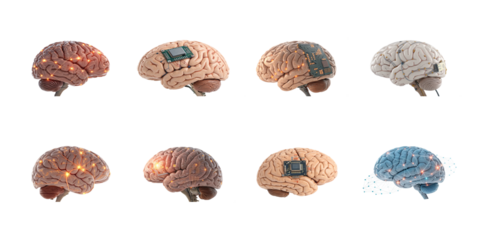 Depiction of evolving human brain concepts illustrating neurological activity integration with advanced microchip technology on transparent background