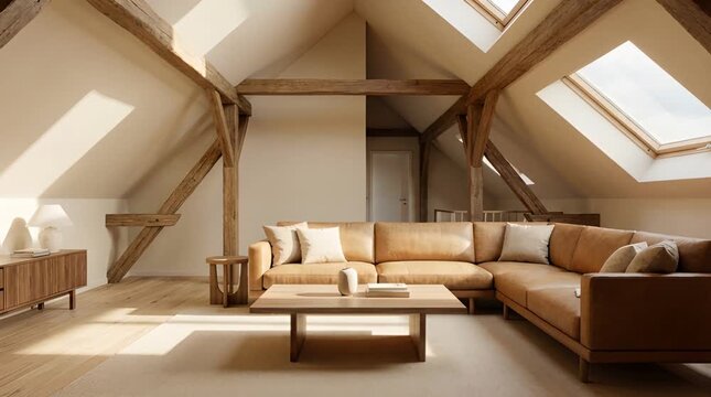 Attic Living Room with Leather Couch Wood Beams and Skylights in Neutral Color Palette