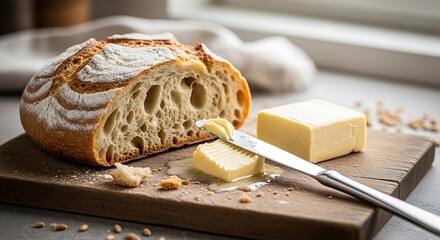 Freshly Baked Artisan Bread with Butter on Wooden Board Near Window.