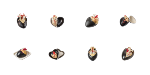Collection of anatomically correct human heart models shown in various stages of external shell opening on transparent background