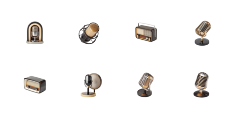 Collection of vintage broadcast microphones and classic retro radios presented as isolated 3d icons on transparent background