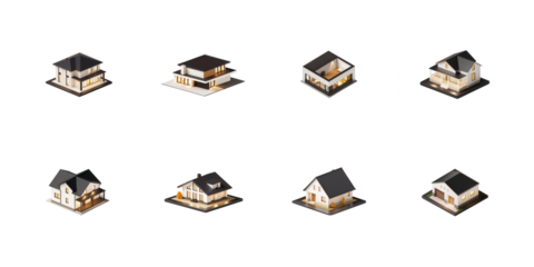 Collection of eight isometric 3d rendered residential house models showcasing various architectural styles on transparent background