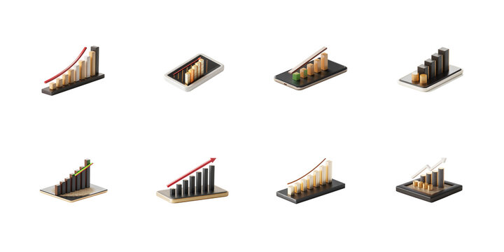 A collection of isometric 3d bar charts and graphs illustrating business growth statistics and financial progression on transparent background - Powered by Adobe