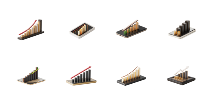 A collection of isometric 3d bar charts and graphs illustrating business growth statistics and financial progression on transparent background - Powered by Adobe