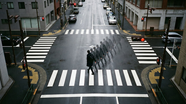 Man crossing city street with repeated silhouettes, time loop concept