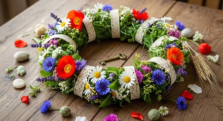 Vibrant wildflower and herb wreath adorned with lace rests upon a rustic wooden surface